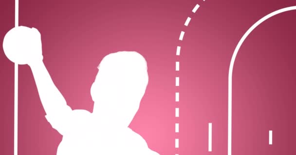ピンクの背景にコートの境界を越えてボールを保持するハンドボール選手のシルエットのアニメーション 国民の趣味の月趣味興味スポーツ活動の概念デジタルで生成されたビデオ — ストック動画