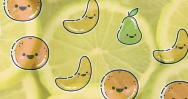 用水果在新鲜切片柠檬上画的动画 健康饮食和生活方式概念数码视频 — 图库视频影像