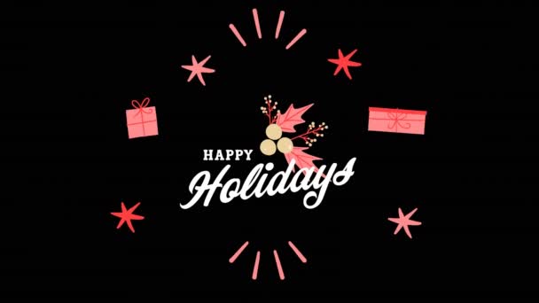 Animation Happy Holidays Text Christmas Presents Black Background Christmas Winter — Stock Video