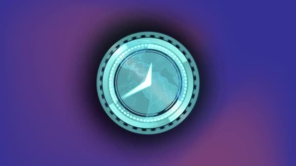 暗い紫色の背景に輝く青い地球上の時計の顔を持つスキャナのアニメーション 世界的な通信ネットワークとデジタルインターフェース技術の概念デジタル生成されたビデオ — ストック動画