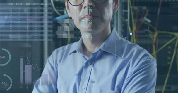 アジアの男性の肖像画上のデータのアニメーションは コンピュータサーバーによってエンジニア データ処理 クラウドコンピューティングの概念とテクノロジーの概念デジタルで生成されたビデオ — ストック動画