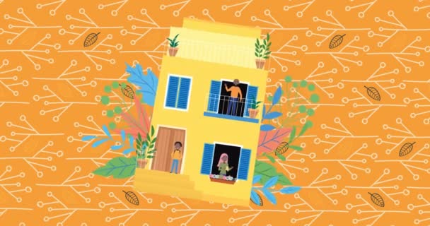 黄色の家で幸せな両親と息子のイラストのアニメーション 小枝や葉とオレンジに 家族愛友情の概念をデジタルで生成し — ストック動画