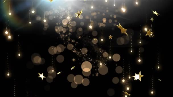星星在黑色背景的光斑上漂浮的动画 新年前夕庆祝活动的概念数码制作的视频 — 图库视频影像