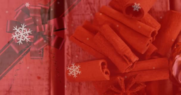 Animazione Fiocchi Neve Natale Che Cadono Bastoncini Cannella Decorazioni Natale — Video Stock