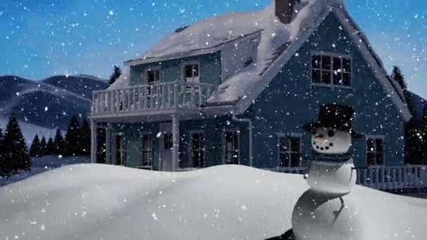 与房子和雪人一起在圣诞节的风景上飘扬着雪的动画 圣诞节 传统和庆祝概念数字制作的视频 — 图库视频影像
