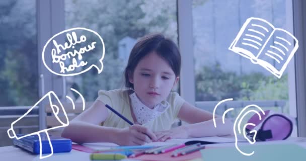 Animation Skolens Ikoner Fokuseret Kaukasiske Pige Iført Ansigtsmasker Gør Lektier – Stock-video
