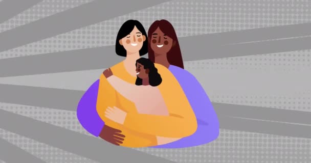 Animación Ilustración Feliz Pareja Gay Femenina Birracial Abrazándose Con Hija — Vídeo de stock