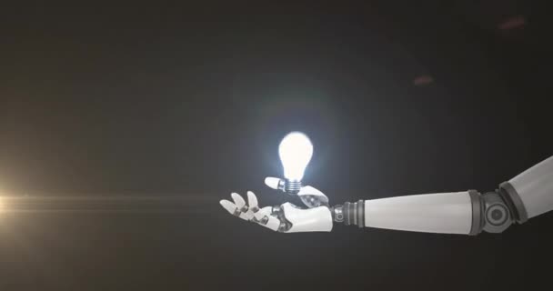 Анимация Подсвеченной Лампочки Над Рукой Вытянутой Руки Робота Темном Фоне — стоковое видео