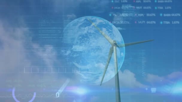 Animation Traitement Des Données Financières Globe Par Éolienne Concept Global — Video