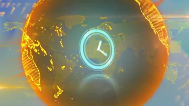 Animación Del Escáner Con Esfera Reloj Sobre Brillante Red Global — Vídeos de Stock