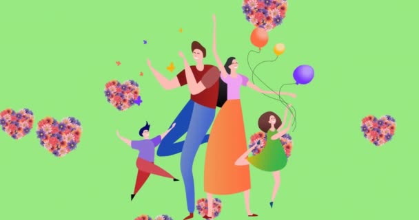 Animazione Illustrazione Felici Danze Famiglia Con Palloncini Cuori Floreali Verde — Video Stock