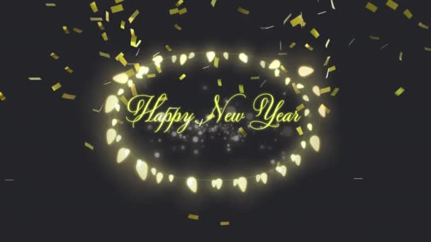 Animación Saludos Feliz Año Nuevo Sobre Decoración Luces Hadas Caída — Vídeos de Stock