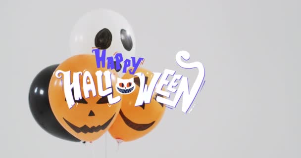 Счастливого Хэллоуина Баннер Над Хэллоуином Напечатали Воздушные Шары Сером Фоне — стоковое видео