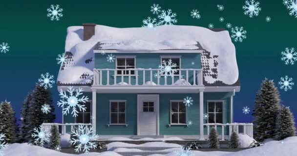 圣诞节雪花飘落在覆盖着积雪的房子和花园上的动画 圣诞节 传统和庆祝概念数字制作的视频 — 图库视频影像