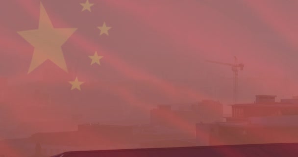 Анімація Прапора Китаю Над Міським Пейзажем Китайська Економіка Бізнес Концепція — стокове відео