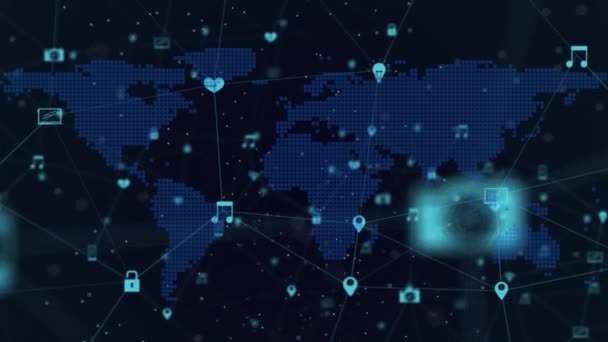 Animacja Sieci Połączeń Ikonami Mapie Świata Globalny Biznes Połączenia Sieci — Wideo stockowe