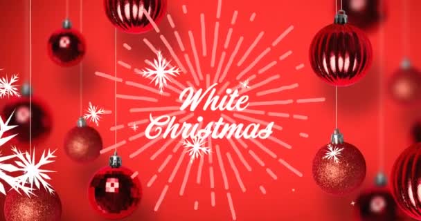 Animación Texto Blanco Navidad Con Copos Nieve Que Caen Adornos — Vídeo de stock