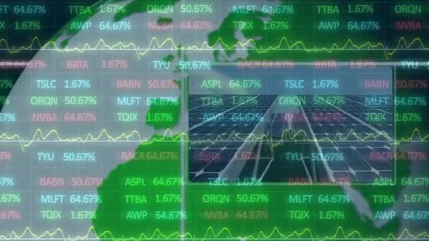 Animación Del Procesamiento Datos Financieros Del Globo Través Turbina Eólica — Vídeo de stock