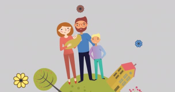 Animation Der Illustration Glücklicher Eltern Mit Kind Und Baby Und — Stockvideo