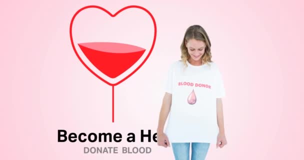 Animation Hero Donate Blood Text Blood Heart Logo Smiling Woman — Stock Video