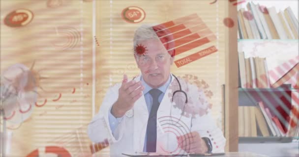 Coperid Hücre Animasyonu Kıdemli Doktorun Konuşma Istatistikleri Küresel Covid Salgın — Stok video