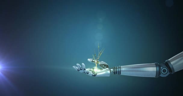 暗い背景に光を移動すると 拡張ロボットアームを手に植物を成長させるアニメーション 電気工学技術コミュニケーション研究コンセプトデジタルで生成されたビデオ — ストック動画