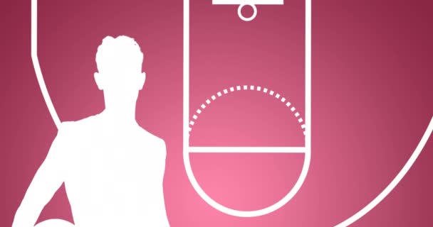 Анимация Силуэта Баскетболиста Держащего Мяч Над Кортовыми Маркировками Розовом Национальный — стоковое видео