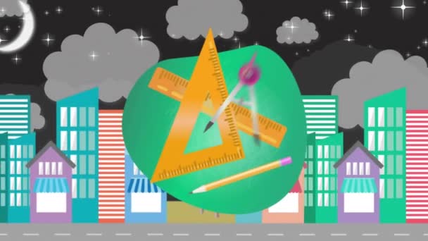 Animation Der Geometrie Set Und Über Der Stadtstraße Der Nacht — Stockvideo