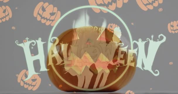 Feliz Texto Halloween Ícones Abóbora Caindo Contra Abóbora Halloween Contra — Vídeo de Stock