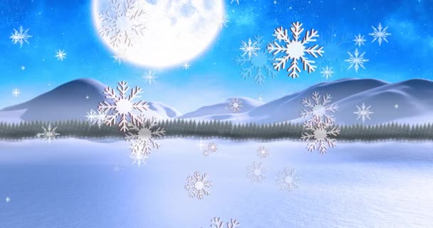 Animação Flocos Neve Natal Caindo Sobre Campo Coberto Neve Montanhas — Vídeo de Stock