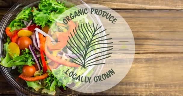 Animace Místně Pěstovaných Organických Produktů Zeleném Nad Miskou Čerstvého Salátu — Stock video