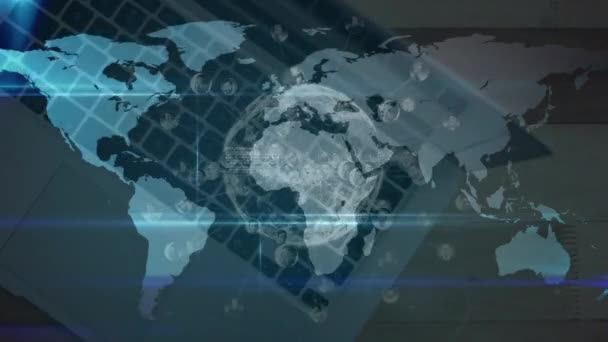 Animering Jordklotet Med Nätverk Anslutningar Med Världskarta Och Statistik Över — Stockvideo