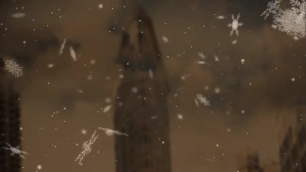 Animación Nieve Cayendo Sobre Paisaje Urbano Sobre Fondo Marrón Invierno — Vídeos de Stock