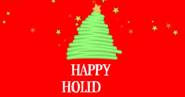 Animation Happy Holidays Text Bendy Christmas Tree Gold Stars Red — Stock Video