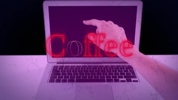 Animación Texto Café Rojo Redes Sobre Mano Apuntando Pantalla Del — Vídeo de stock