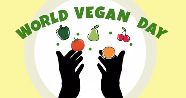 Animação Mundo Vegan Dia Texto Verde Sobre Ilustração Legumes Frescos — Vídeo de Stock