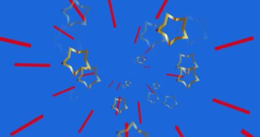 Amerika bayrağı, kırmızı çizgiler, mavi arka planda altın ve mavi yıldızların animasyonu. Vatanseverlik, bağımsızlık ve kutlama konsepti dijital olarak oluşturulmuş video.