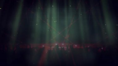 Sahne ışıkları ve konfetiyle dans eden kalabalığın animasyonu. kutlama, parti, müzik ve olay konsepti dijital olarak oluşturulmuş video.