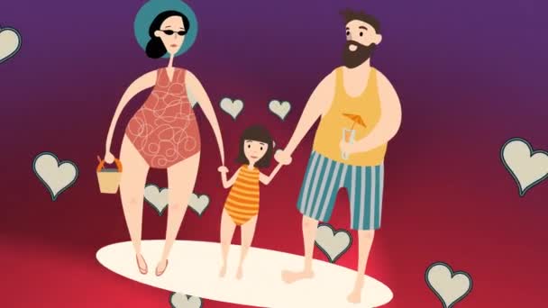 Animazione Illustrazione Genitori Felici Figlia Vacanza Che Tiene Mano Con — Video Stock