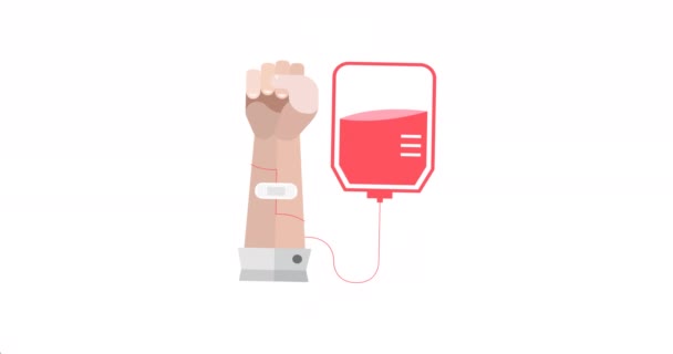 女性のドナーの血圧を取って笑顔の女性看護師に腕と血袋のロゴのアニメーション 献血月間認知キャンペーンのコンセプトデジタル生成ビデオ — ストック動画