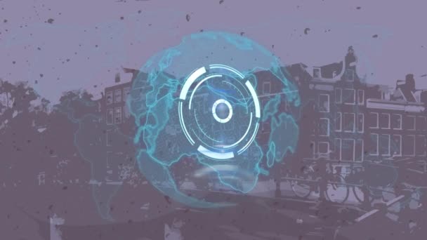 动画安全锁处理在蓝色的球面和老式的城市街道形象 全球通信网络安全和数字接口技术概念数字生成视频 — 图库视频影像