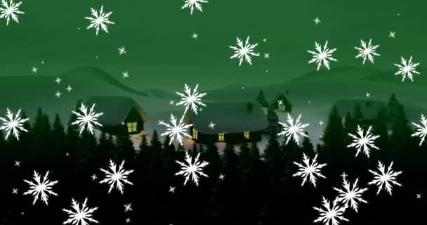 Animación Nieve Cayendo Sobre Paisajes Navideños Con Casas Árboles Navidad — Vídeos de Stock