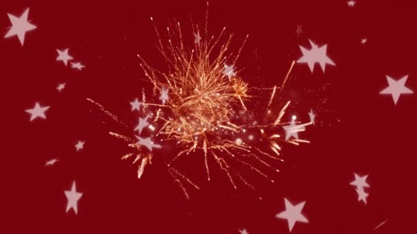 赤い背景に落ちる星の上に幸せな新年の挨拶のアニメーション 新しい年の大晦日のパーティーやお祭りやお祝いのコンセプトをデジタルで生成したビデオ — ストック動画