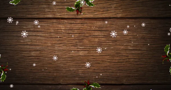 Immagine Neve Che Cade Foglie Sfondo Legno Natale Natale Inverno — Foto Stock