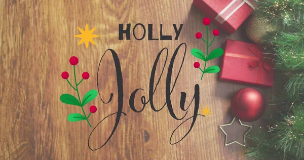 Obraz Holly Wesoły Tekst Nad Dekoracji Bożego Narodzenia Boże Narodzenie — Zdjęcie stockowe