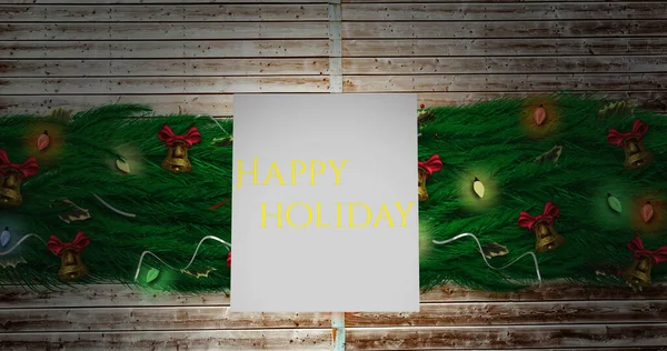 クリスマスの装飾の上に幸せな休日のテキストのイメージ クリスマス冬伝統お祝いのコンセプトデジタルで生成されたイメージ — ストック写真