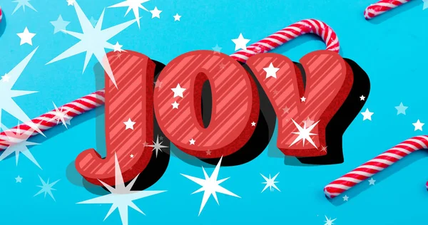 Kép Öröm Szöveg Csillagok Felett Hulló Cukornád Kék Háttér Karácsonykor — Stock Fotó
