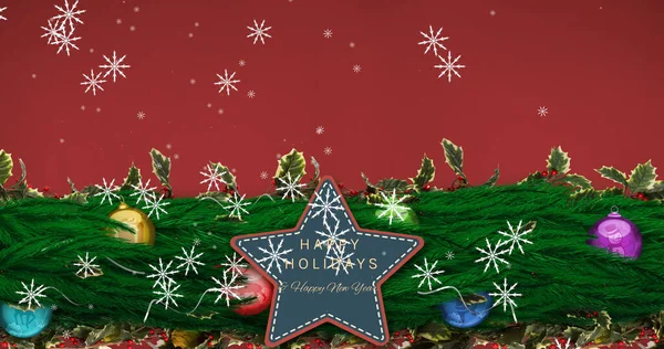 Imagem Flocos Neve Caindo Sobre Decorações Natal Com Estrela Feriados — Fotografia de Stock