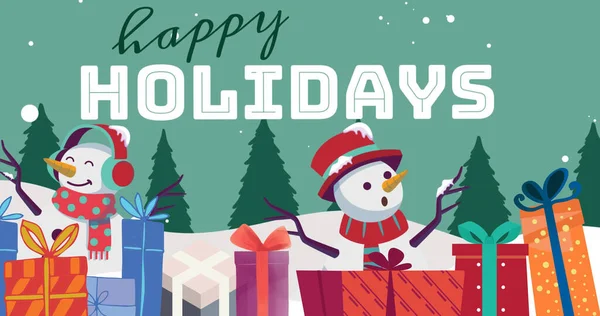 Image Happy Holidays Text Christmas Presents Snow Falling Christmas Winter — Stock Photo, Image