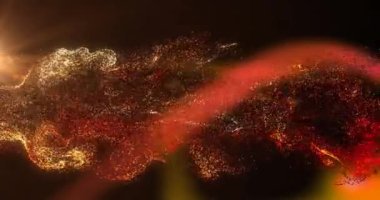 Siyah zemin üzerinde hareket eden beyaz, kırmızı ve turuncu parçacık bulutları ve kırmızı ışık animasyonu. hareket, enerji ve biçim, soyut arayüz arkaplan kavramı dijital olarak oluşturulmuş video.